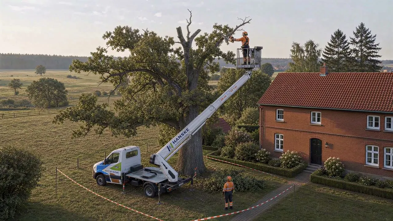 KI-generiertes Bild eines Arbeiters im Korb einer Arbeitsbühne in der Krone einer Eiche neben einem Backsteinhaus