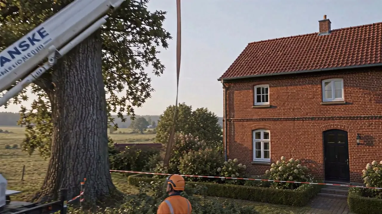 KI-generiertes Bild eines Arbeiters in Schutzkleidung am Stammfuß einer großen Eiche neben einem Backsteinhaus