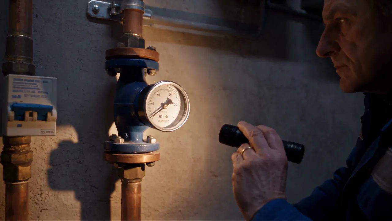 KI-generiertes Bild eines Hausmeisters, der mit einer Taschenlampe ein Manometer an einer Heizungsleitung prüft