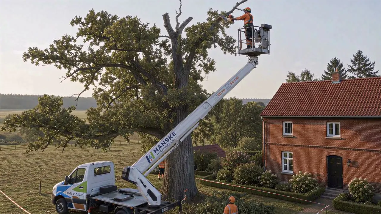 KI-generiertes Bild eines Arbeiters im Korb einer Arbeitsbühne in der Krone einer alten Eiche